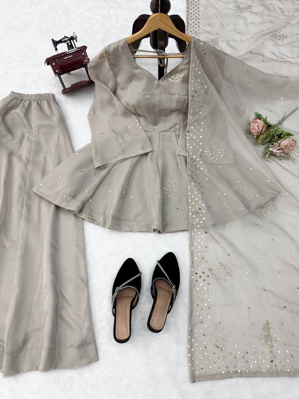 Ivory Grey Embroidered Peplum Sharara Set with Organza Dupatta