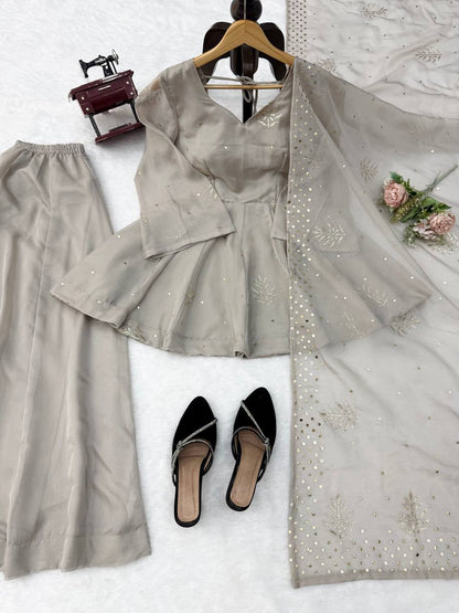 Ivory Grey Embroidered Peplum Sharara Set with Organza Dupatta