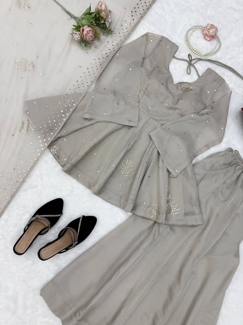 Ivory Grey Embroidered Peplum Sharara Set with Organza Dupatta