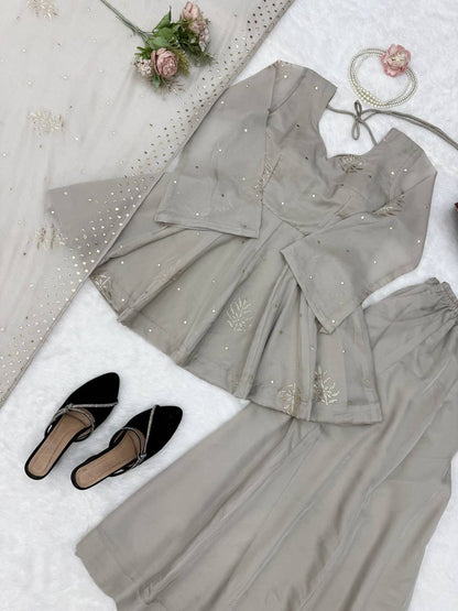 Ivory Grey Embroidered Peplum Sharara Set with Organza Dupatta
