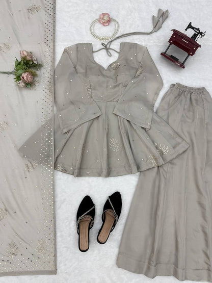 Ivory Grey Embroidered Peplum Sharara Set with Organza Dupatta