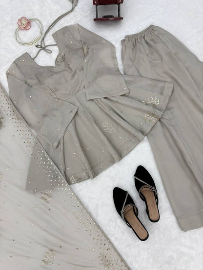 Ivory Grey Embroidered Peplum Sharara Set with Organza Dupatta