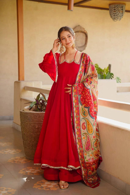 Ruby Red Anarkali Gown Set with Printed Organza Dupatta