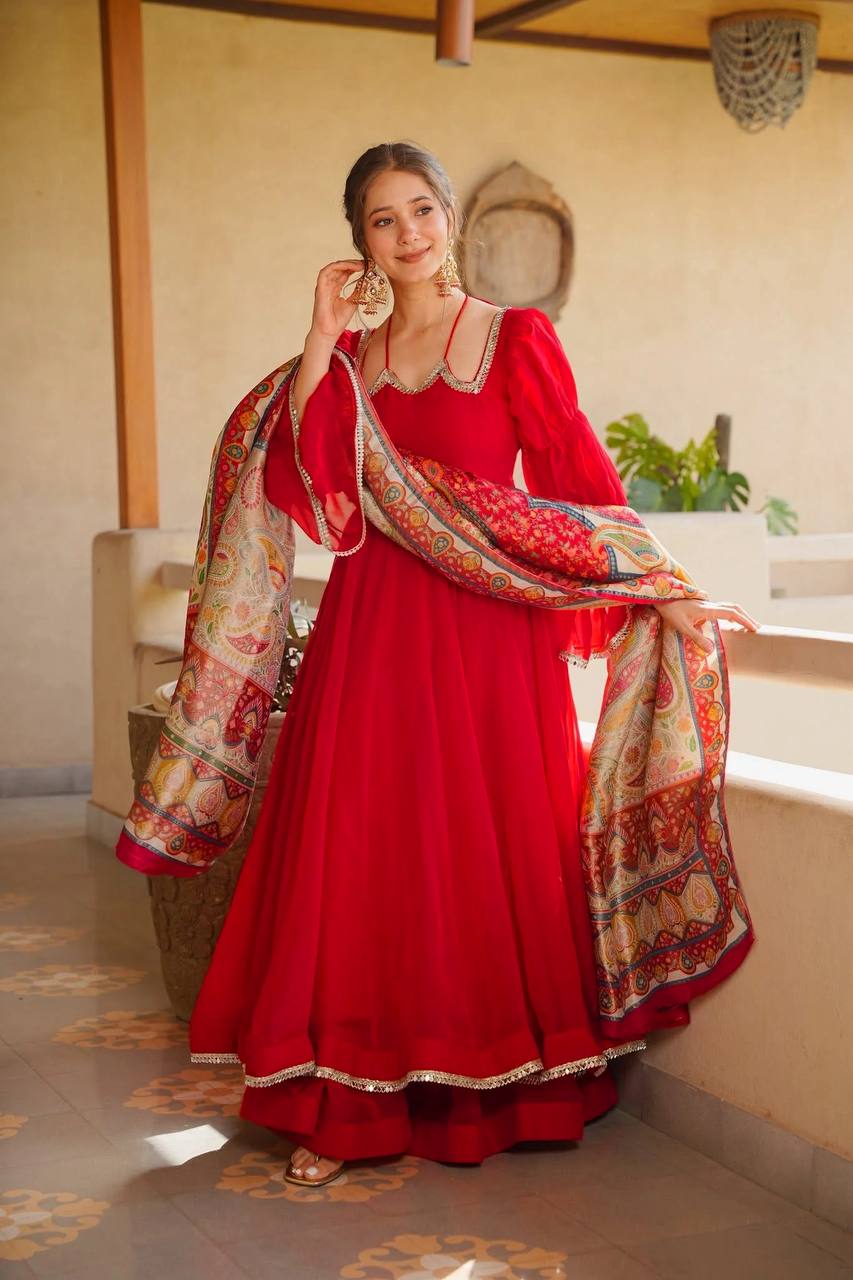 Ruby Red Anarkali Gown Set with Printed Organza Dupatta