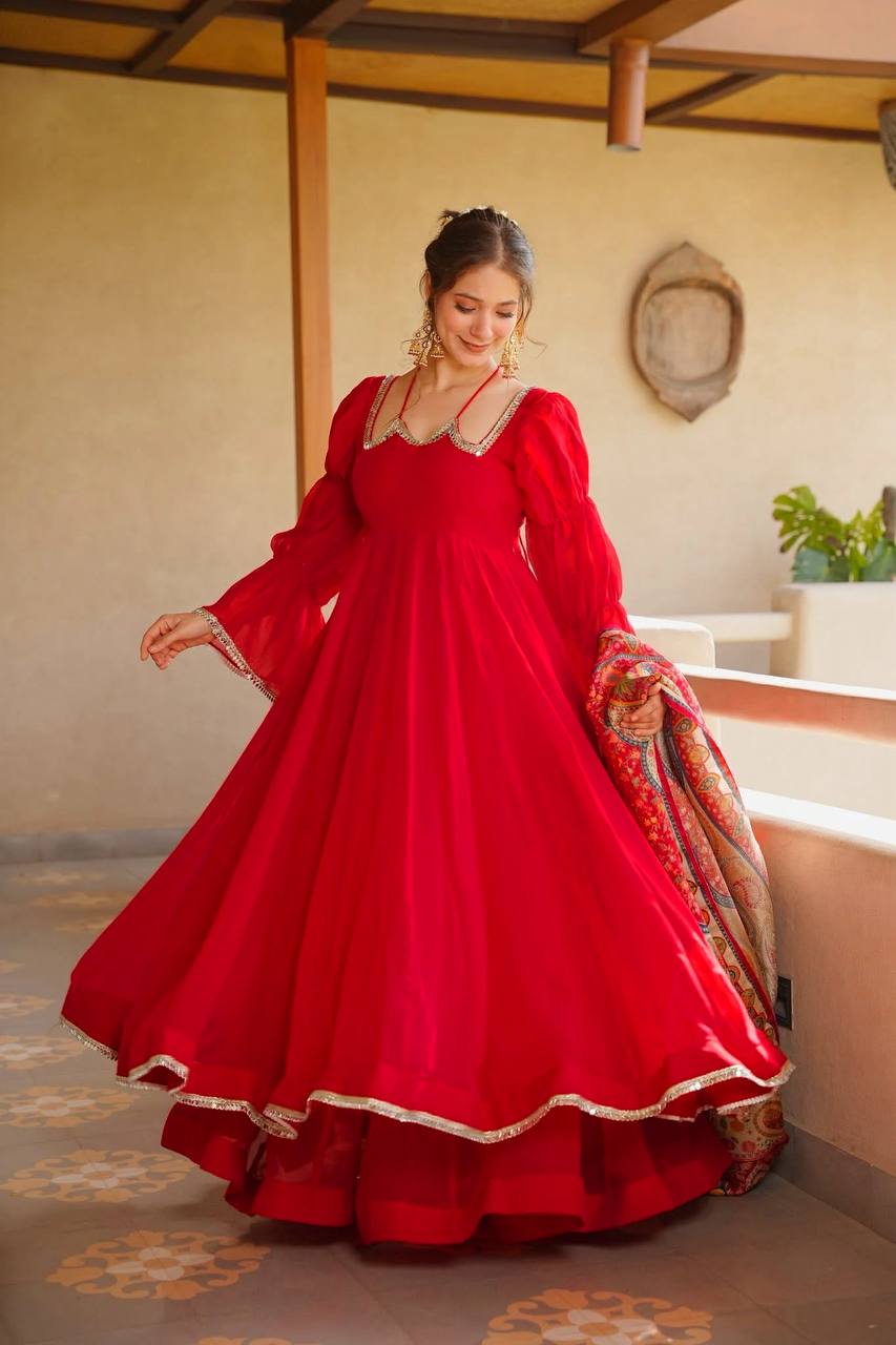 Ruby Red Anarkali Gown Set with Printed Organza Dupatta