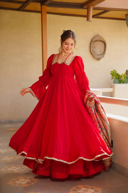 Ruby Red Anarkali Gown Set with Printed Organza Dupatta
