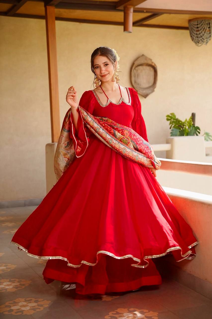 Ruby Red Anarkali Gown Set with Printed Organza Dupatta