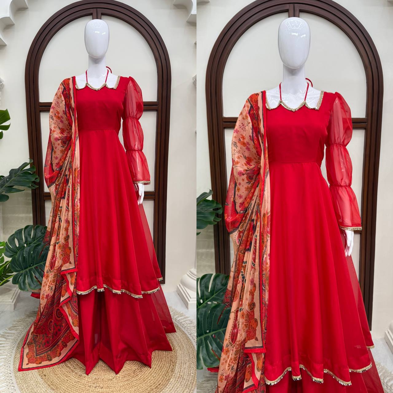 Ruby Red Anarkali Gown Set with Printed Organza Dupatta