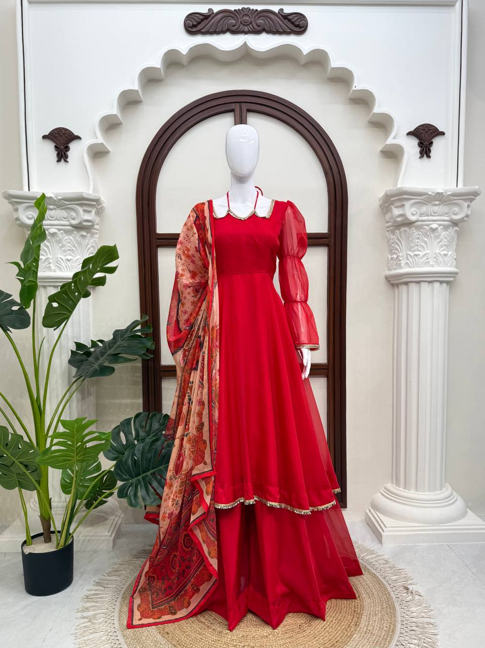 Ruby Red Anarkali Gown Set with Printed Organza Dupatta