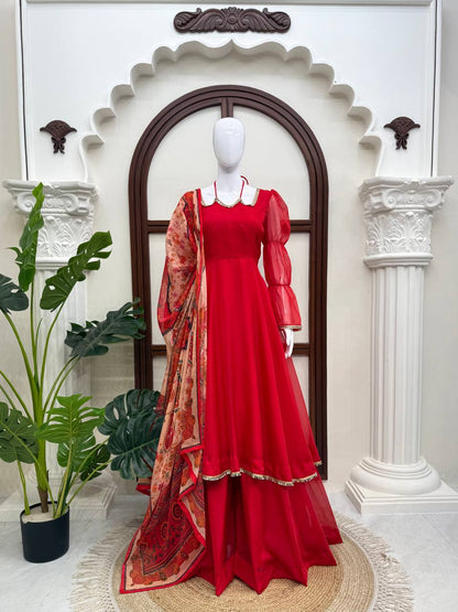 Ruby Red Anarkali Gown Set with Printed Organza Dupatta