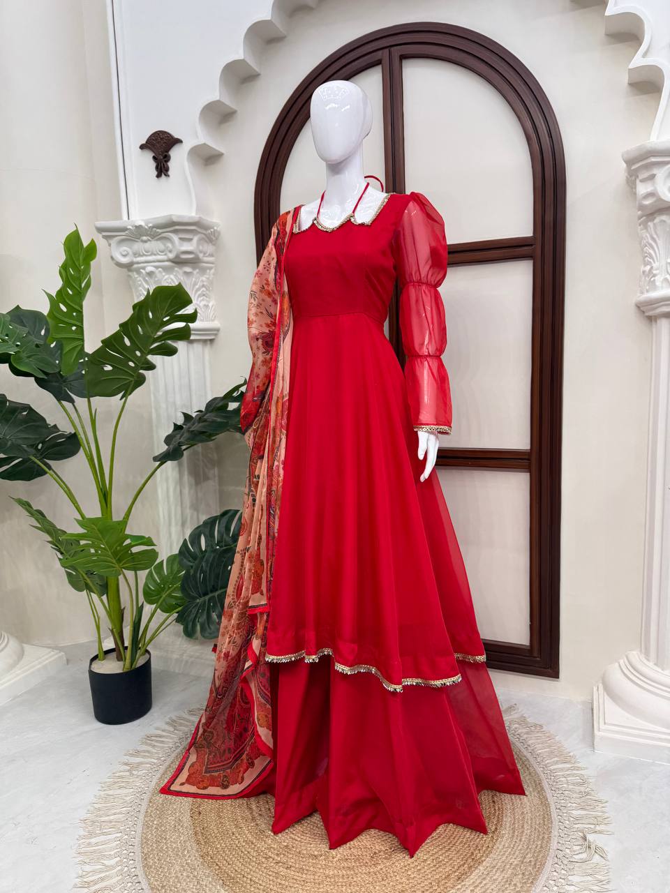 Ruby Red Anarkali Gown Set with Printed Organza Dupatta