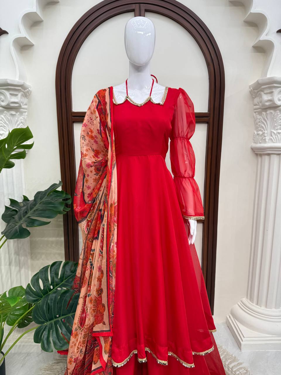 Ruby Red Anarkali Gown Set with Printed Organza Dupatta