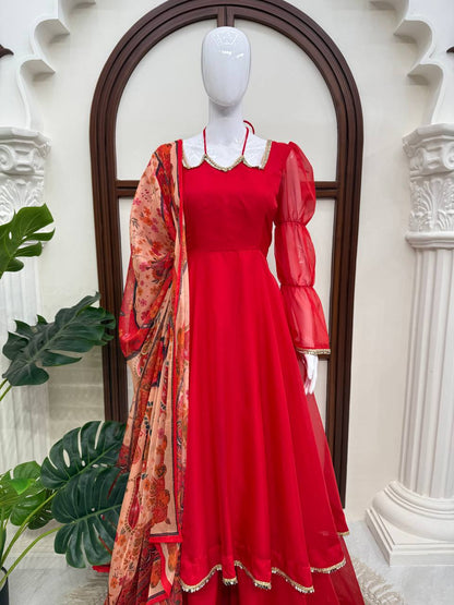 Ruby Red Anarkali Gown Set with Printed Organza Dupatta