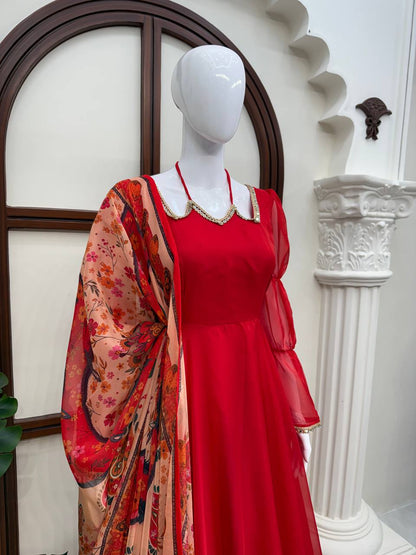 Ruby Red Anarkali Gown Set with Printed Organza Dupatta