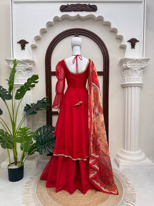 Ruby Red Anarkali Gown Set with Printed Organza Dupatta