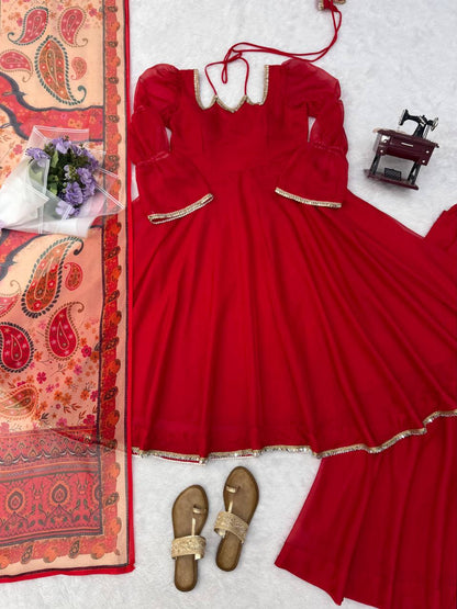 Ruby Red Anarkali Gown Set with Printed Organza Dupatta