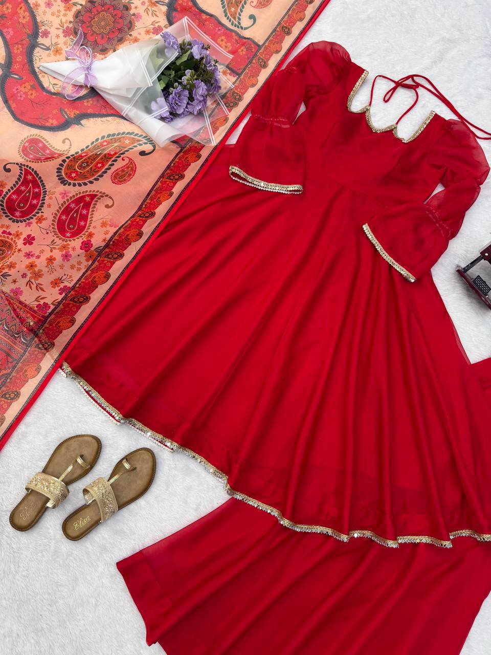 Ruby Red Anarkali Gown Set with Printed Organza Dupatta