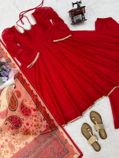 Ruby Red Anarkali Gown Set with Printed Organza Dupatta