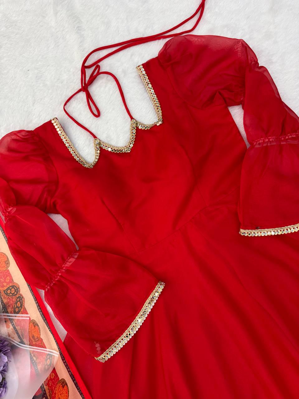 Ruby Red Anarkali Gown Set with Printed Organza Dupatta