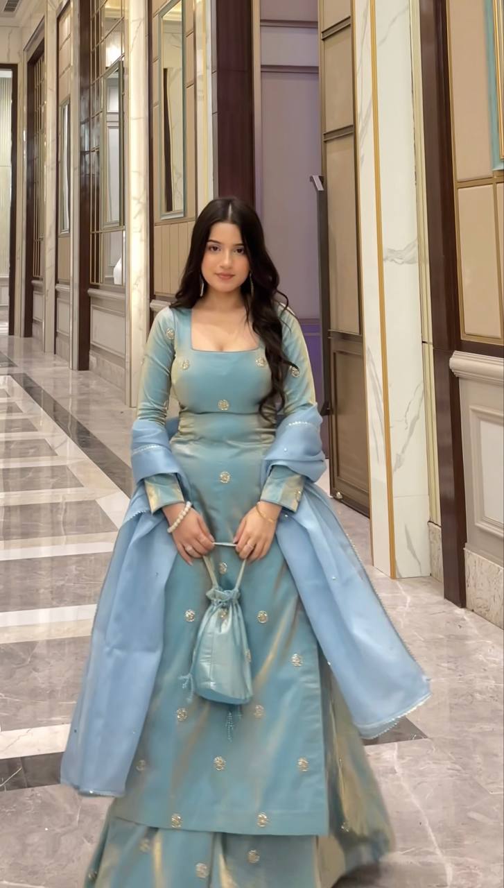 Ice Blue Designer Sharara Suit Set with Mirror Embroidery & Chiffon Dupatta