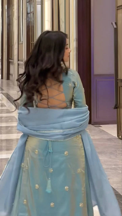Ice Blue Designer Sharara Suit Set with Mirror Embroidery & Chiffon Dupatta