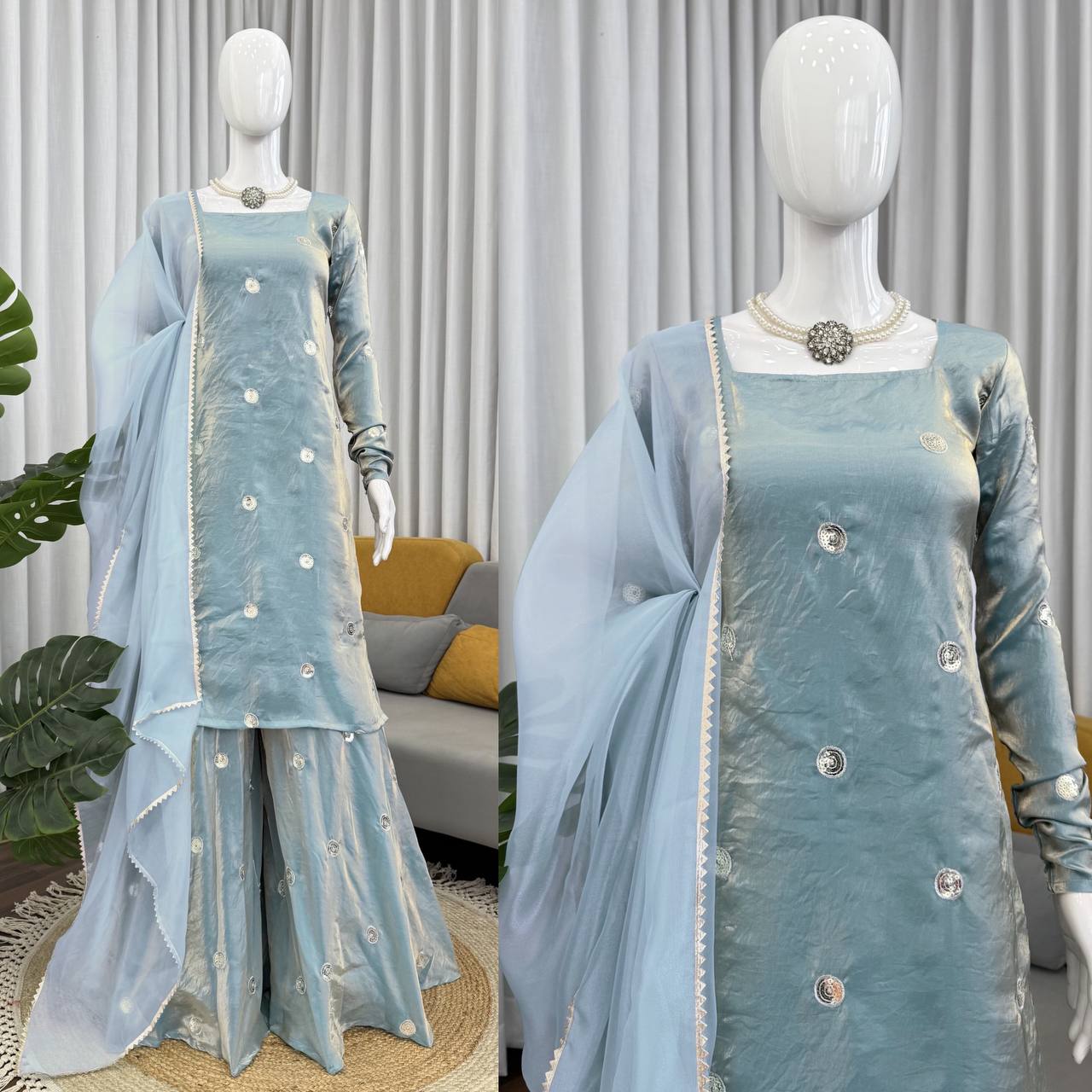 Ice Blue Designer Sharara Suit Set with Mirror Embroidery & Chiffon Dupatta