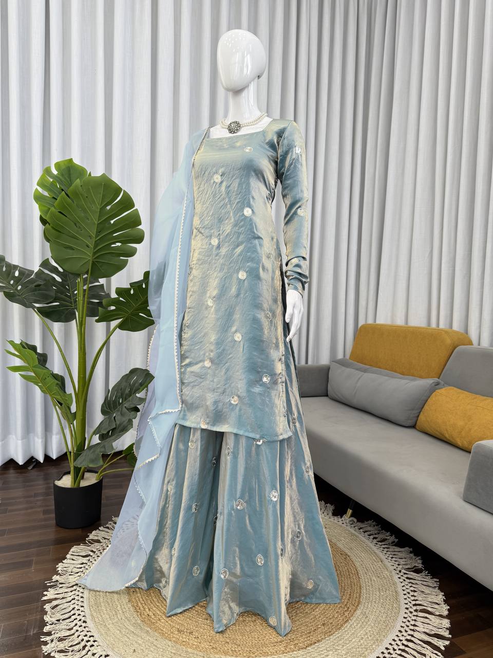 Ice Blue Designer Sharara Suit Set with Mirror Embroidery & Chiffon Dupatta