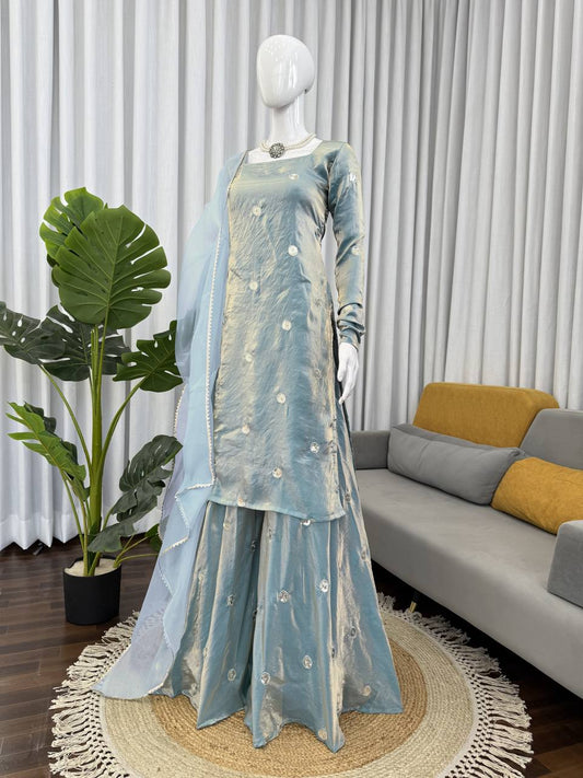 Ice Blue Designer Sharara Suit Set with Mirror Embroidery & Chiffon Dupatta