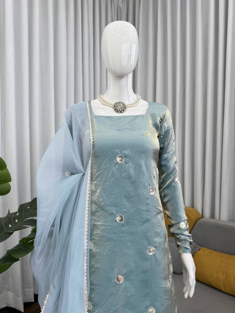 Ice Blue Designer Sharara Suit Set with Mirror Embroidery & Chiffon Dupatta