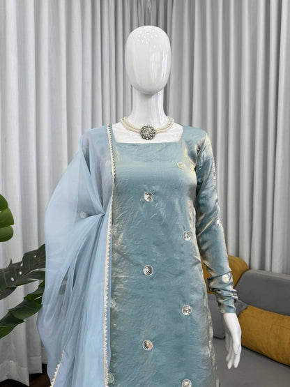 Ice Blue Designer Sharara Suit Set with Mirror Embroidery & Chiffon Dupatta