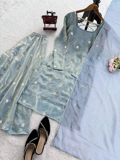 Ice Blue Designer Sharara Suit Set with Mirror Embroidery & Chiffon Dupatta
