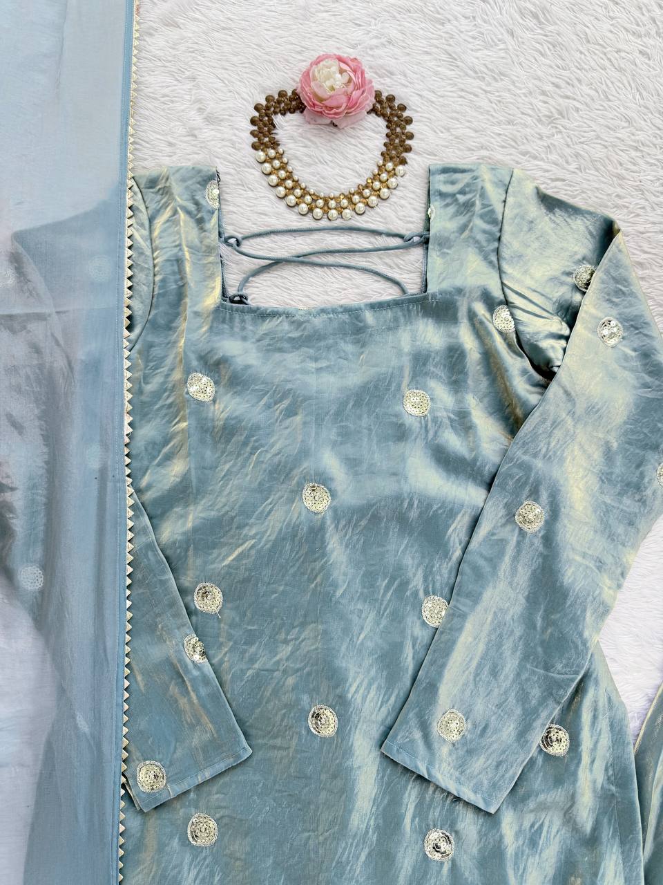 Ice Blue Designer Sharara Suit Set with Mirror Embroidery & Chiffon Dupatta