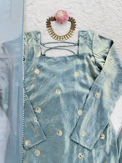 Ice Blue Designer Sharara Suit Set with Mirror Embroidery & Chiffon Dupatta