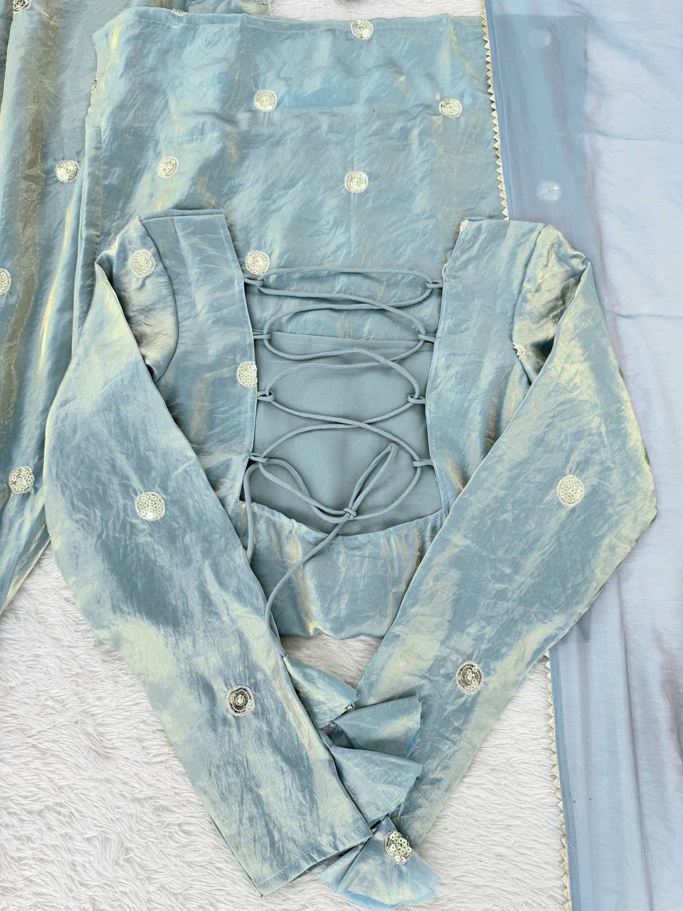 Ice Blue Designer Sharara Suit Set with Mirror Embroidery & Chiffon Dupatta