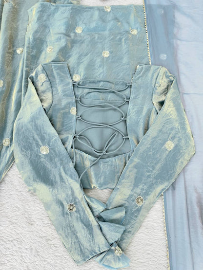 Ice Blue Designer Sharara Suit Set with Mirror Embroidery & Chiffon Dupatta