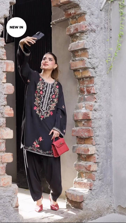 Midnight Black Floral Embroidered Kurta Set