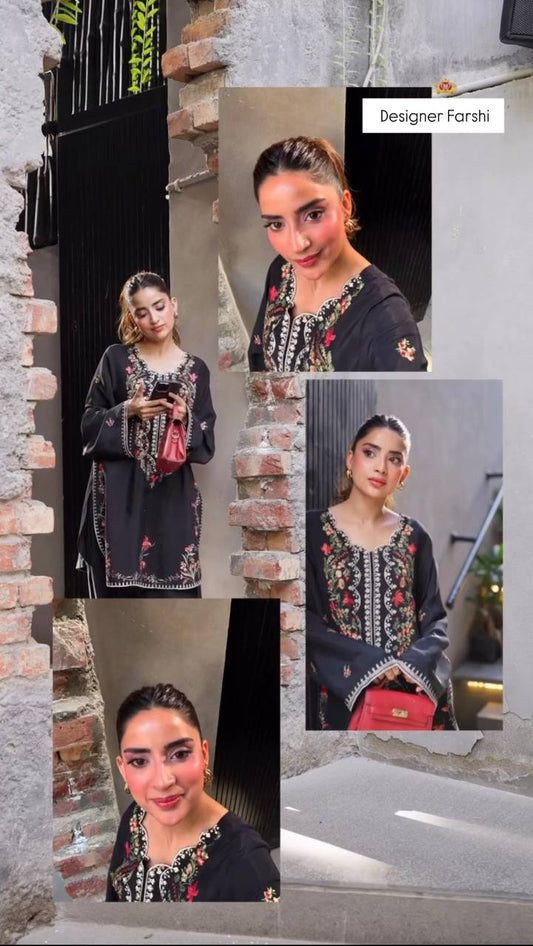 Midnight Black Floral Embroidered Kurta Set