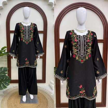 Midnight Black Floral Embroidered Kurta Set