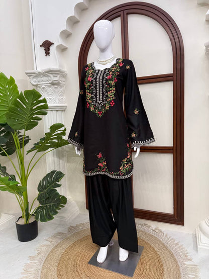 Midnight Black Floral Embroidered Kurta Set