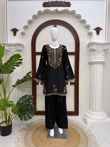 Midnight Black Floral Embroidered Kurta Set