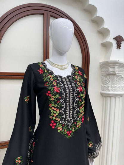 Midnight Black Floral Embroidered Kurta Set