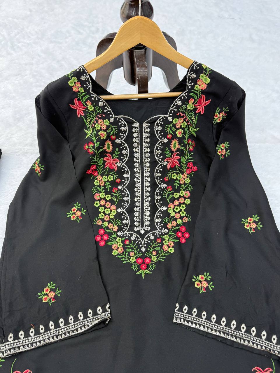 Midnight Black Floral Embroidered Kurta Set