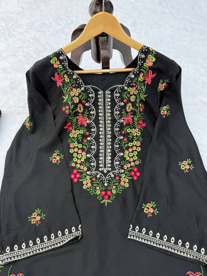 Midnight Black Floral Embroidered Kurta Set
