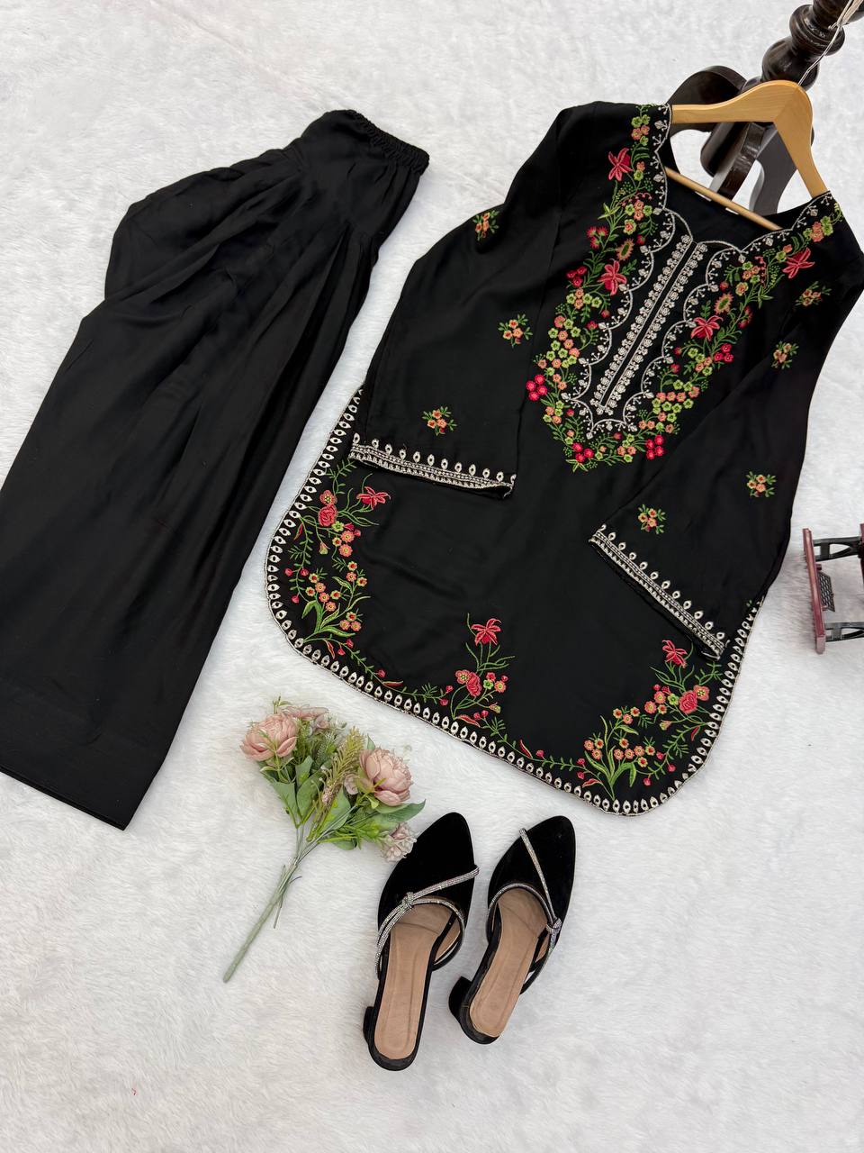 Midnight Black Floral Embroidered Kurta Set