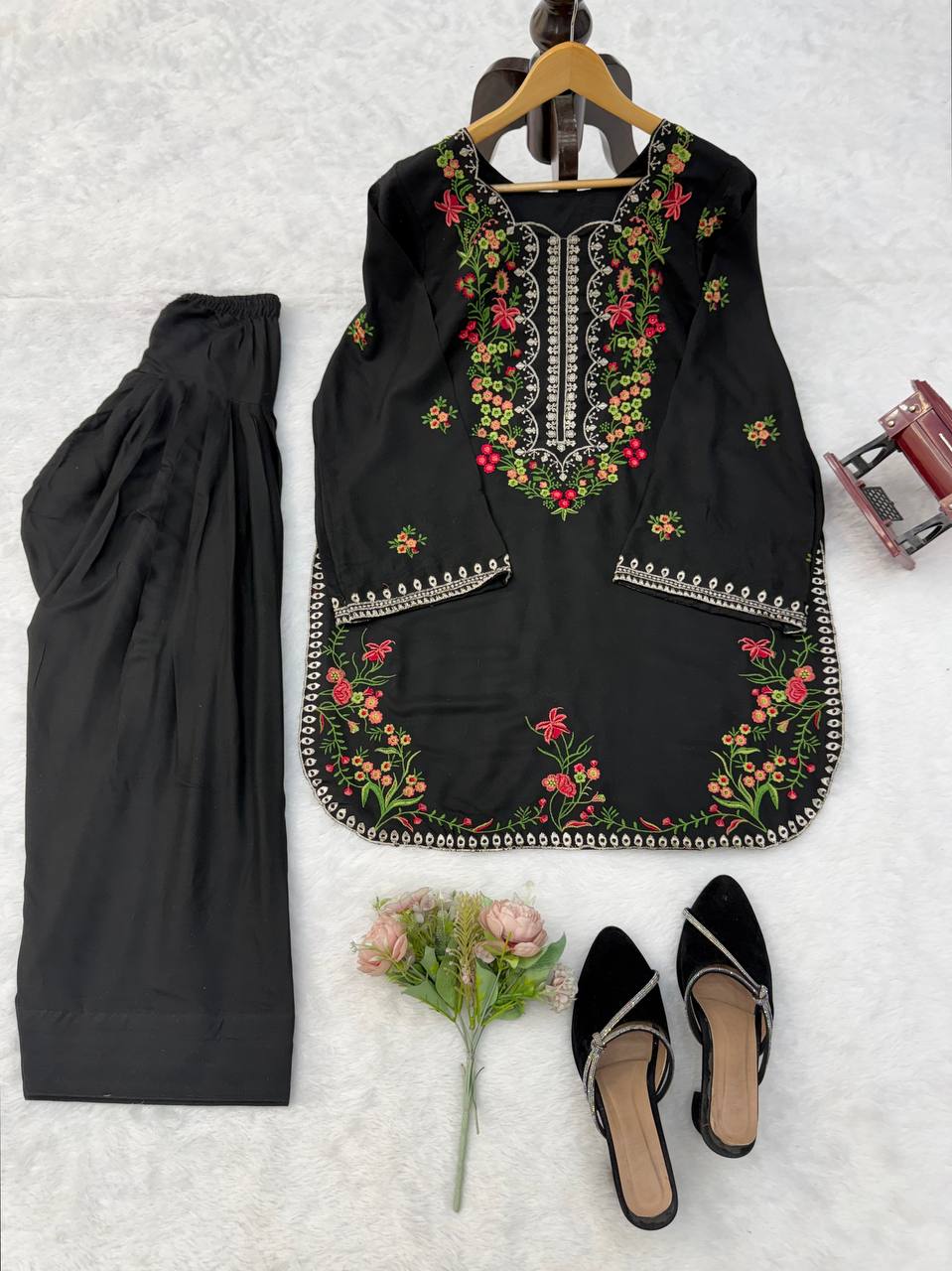 Midnight Black Floral Embroidered Kurta Set
