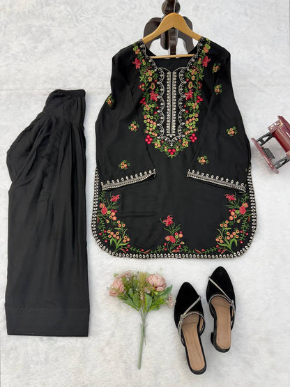 Midnight Black Floral Embroidered Kurta Set