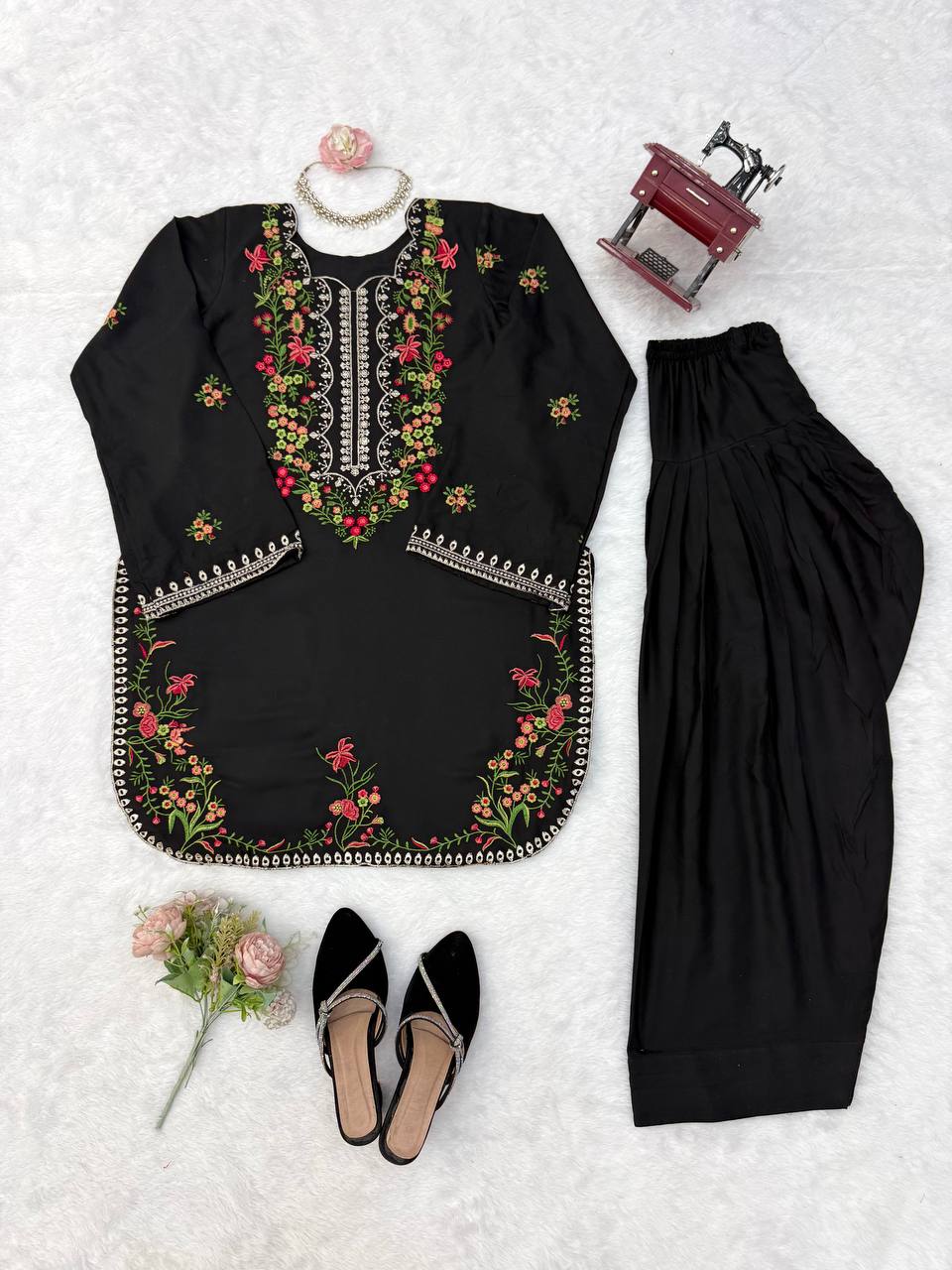 Midnight Black Floral Embroidered Kurta Set