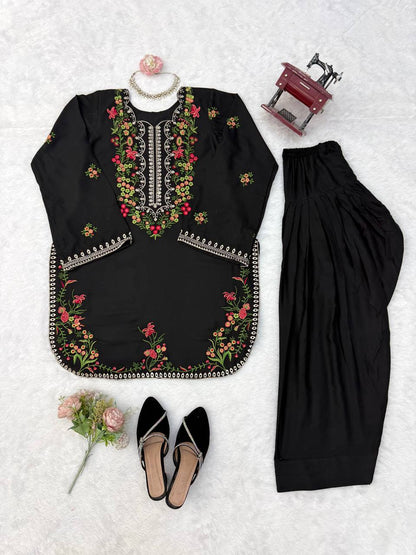Midnight Black Floral Embroidered Kurta Set