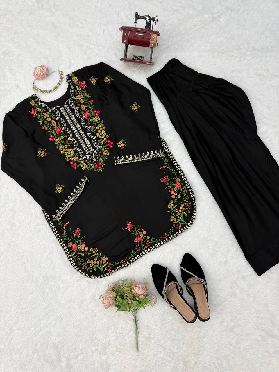 Midnight Black Floral Embroidered Kurta Set