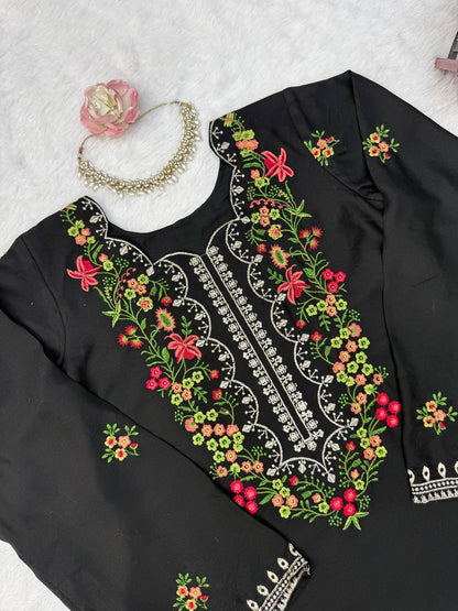 Midnight Black Floral Embroidered Kurta Set